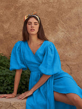 Load image into Gallery viewer, Surplice Balloon Sleeves Tied Dress
