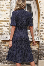 Load image into Gallery viewer, Polka Dot Tie Front Ruffled Midi Dress
