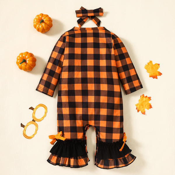 Baby Plaid Ghost Graphic Round Neck Long Sleeve Jumpsuit