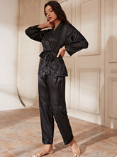 Load image into Gallery viewer, Surplice Neck Tie Waist Long Sleeve Blouse and Pants Pajama Set