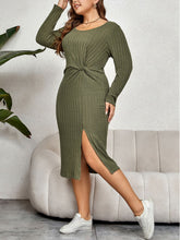 Load image into Gallery viewer, Plus Size Ribbed Round Neck Twisted Slit Midi Dress
