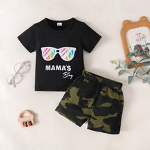 Load image into Gallery viewer, Boys MAMA'S BOY Graphic T-Shirt and Camouflage Shorts Set