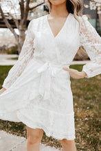 Load image into Gallery viewer, Pompom Trim Puff Sleeve Belted Lace Dress