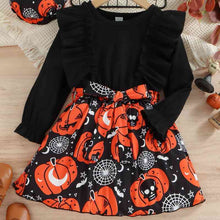 Load image into Gallery viewer, Baby Girl Halloween Theme Bow Front Round Neck Dress