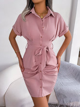 Load image into Gallery viewer, Button Down Ruched Tie Belt Dress