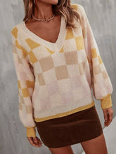 Load image into Gallery viewer, Checkered V-Neck Lantern Sleeve Sweater