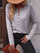 Load image into Gallery viewer, Round Neck Buttoned Long Sleeve T-Shirt