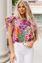 Load image into Gallery viewer, Floral Print Round Neck Flutter Sleeve Blouse