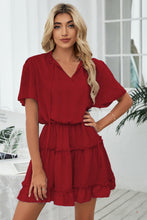 Load image into Gallery viewer, Tie Neck Frill Trim Short Sleeve Mini Dress