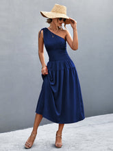 Load image into Gallery viewer, Asymmetrical One Shoulder Smocked Waist Midi Dress