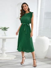Load image into Gallery viewer, Tied Round Neck Pleated Midi Dress
