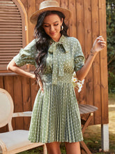 Load image into Gallery viewer, Polka Dot Pleated Tie Neck Smocked Waist Dress