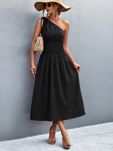 Load image into Gallery viewer, Asymmetrical One Shoulder Smocked Waist Midi Dress