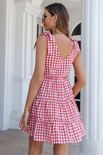 Load image into Gallery viewer, Plaid Tie Shoulder Frill Trim Tiered Dress