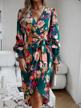 Load image into Gallery viewer, Printed Tie Front Lantern Sleeve Dress