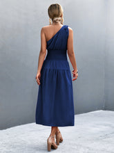 Load image into Gallery viewer, Asymmetrical One Shoulder Smocked Waist Midi Dress