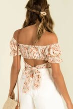 Load image into Gallery viewer, Flower Print Ruffle Trim Off-Shoulder Back Tie Blouse