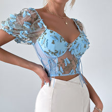 Load image into Gallery viewer, Embroidery Sweetheart Neck Short Sleeve Lace Trim Blouse