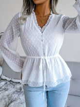Load image into Gallery viewer, Swiss Dot Frill Trim Drawstring Waist Peplum Blouse
