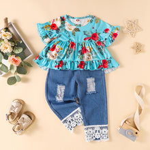 Load image into Gallery viewer, Baby Girl Floral Round Neck Top and Lace Trim Distressed Jeans Set