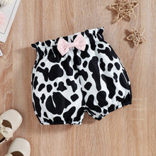 Load image into Gallery viewer, Baby Girl Graphic Ruffled Bodysuit and Cow Print Shorts Set