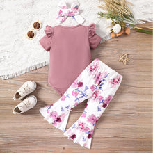 Load image into Gallery viewer, Baby Girl Decorative Button Ribbed Bodysuit and Printed Flare Pants Set