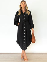 Load image into Gallery viewer, Drawstring Button Up Balloon Sleeve Dress