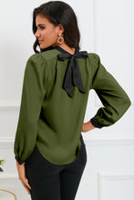 Load image into Gallery viewer, Round Neck Puff Sleeve Back Tie Blouse