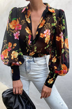 Load image into Gallery viewer, Flower Print Collared Neck Lantern Sleeve Shirt