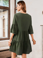 Load image into Gallery viewer, V-Neck Three-Quarter Flounce Sleeve Tiered Dress