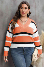 Load image into Gallery viewer, Plus Size Striped V-Neck Dropped Shoulder Sweater