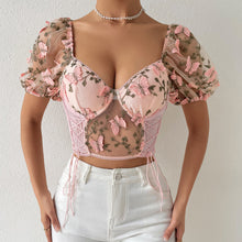 Load image into Gallery viewer, Embroidery Sweetheart Neck Short Sleeve Lace Trim Blouse