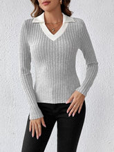 Load image into Gallery viewer, Ribbed Contrast Johnny Collar Long Sleeve Blouse