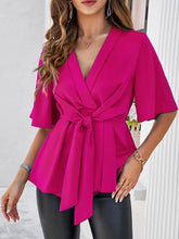 Load image into Gallery viewer, Surplice Tie Waist Half Sleeve Blouse