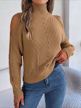 Load image into Gallery viewer, Cable-Knit Turtleneck Cold Shoulder Sweater