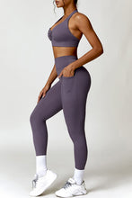 Load image into Gallery viewer, Ruched Halter Neck Bra and Pocketed Leggings Active Set