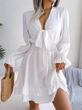 Load image into Gallery viewer, Tie Front Smocked Waist Flounce Sleeve Dress