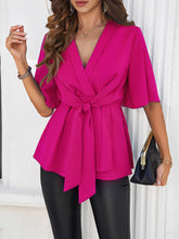 Load image into Gallery viewer, Surplice Tie Waist Half Sleeve Blouse