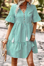 Load image into Gallery viewer, Striped Tie Neck Flare Sleeve Dress