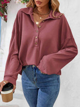Load image into Gallery viewer, Half Button Collared Neck Long Sleeve Top