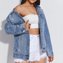 Load image into Gallery viewer, Collared Neck Button-Up Distressed Denim Jacket