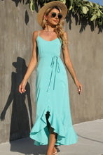 Load image into Gallery viewer, Decorative Button Spaghetti Strap Ruffle Hem Dress