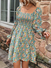 Load image into Gallery viewer, Floral Smocked Flounce Sleeve Square Neck Dress