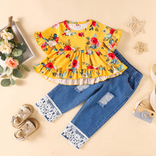 Load image into Gallery viewer, Baby Girl Floral Round Neck Top and Lace Trim Distressed Jeans Set