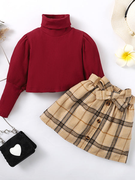 Baby Girl Turtle Neck Long Sleeve Ribbed Top and Plaid Skirt Set