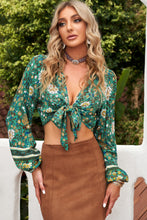 Load image into Gallery viewer, Floral Tie Front Balloon Sleeve Cropped Blouse