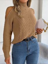 Load image into Gallery viewer, Cable-Knit Turtleneck Cold Shoulder Sweater