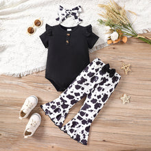 Load image into Gallery viewer, Baby Girl Decorative Button Ribbed Bodysuit and Printed Flare Pants Set