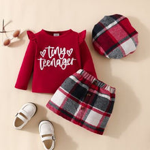 Load image into Gallery viewer, Letter Graphic Ruffle Trim Top and Plaid Skirt
