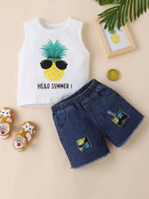 Load image into Gallery viewer, Girls HELLO SUMMER Pineapple Graphic Tank and Raw Hem Denim Shorts Set